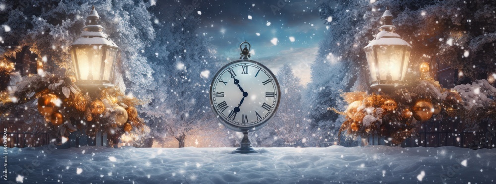 Christmas magic background with alarm clock