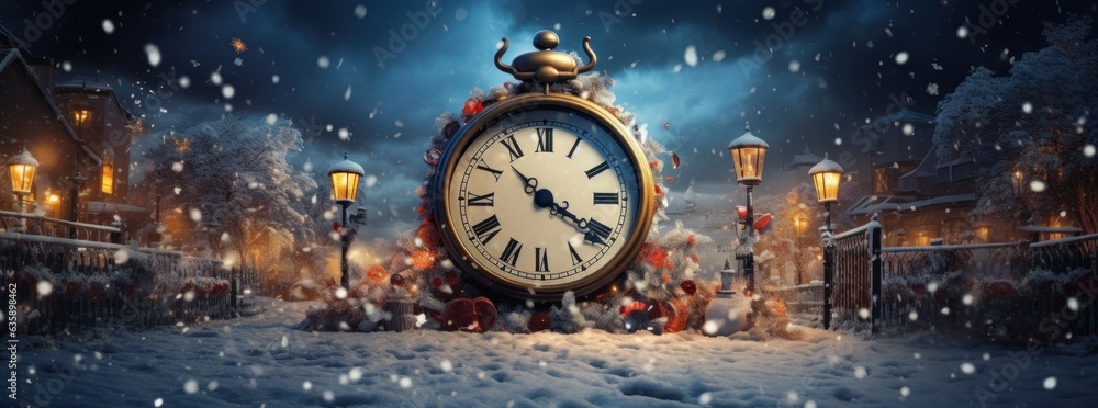 Christmas magic background with alarm clock