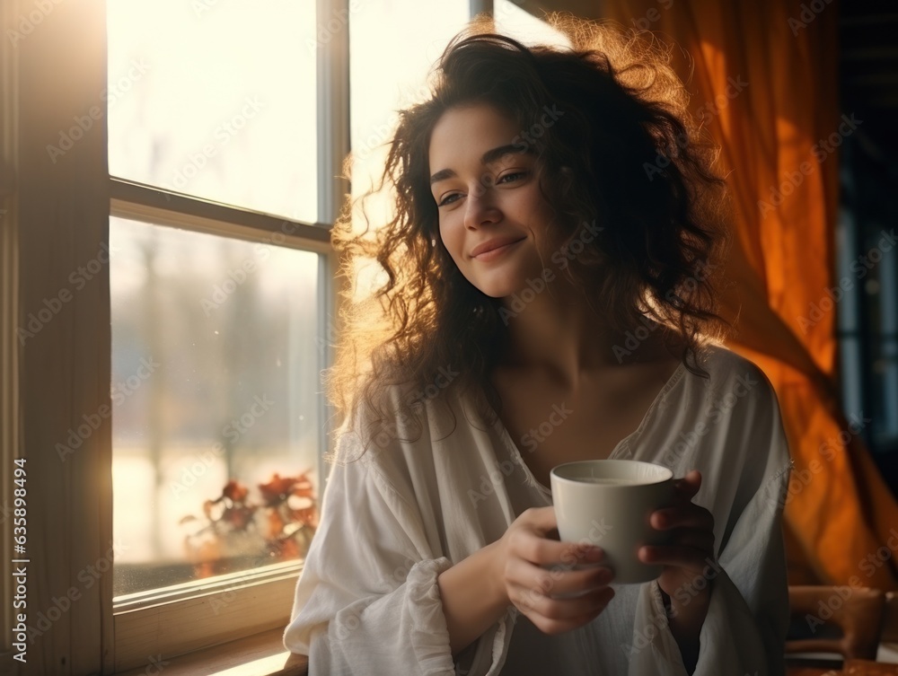 A girl is sitting at the porch with a cup of coffee