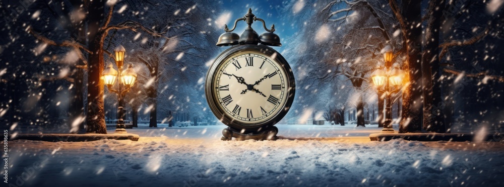 Christmas magic background with alarm clock