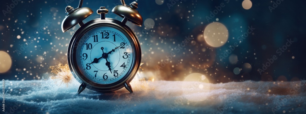 Christmas magic background with alarm clock