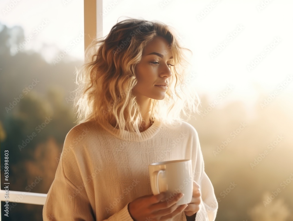 A girl is sitting at the porch with a cup of coffee