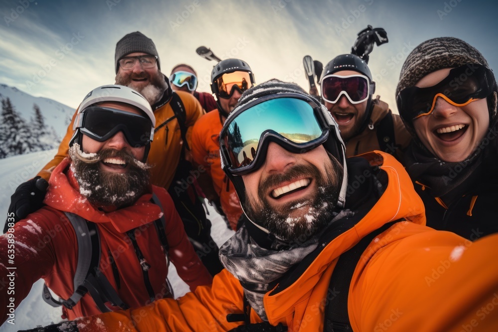 A group of people wearing ski equipment takes a selfie together