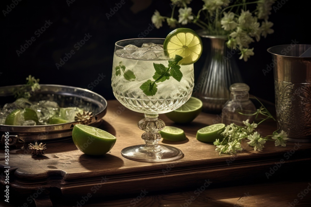 Gin and tonic on a wooden table on the dark side