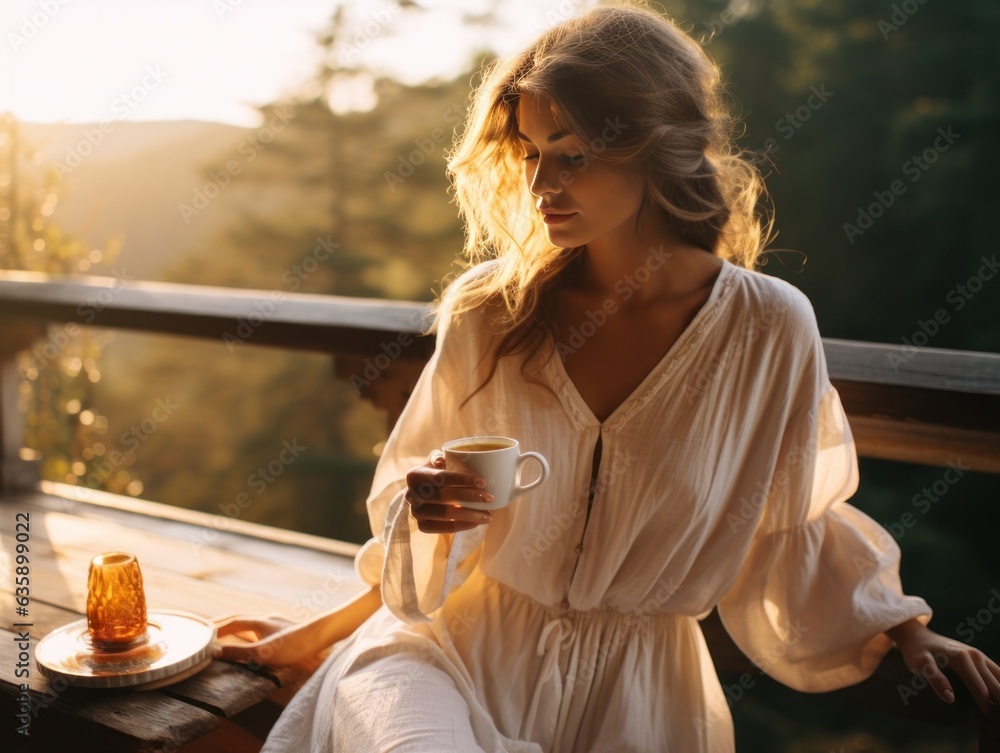 A girl is sitting at the porch with a cup of coffee