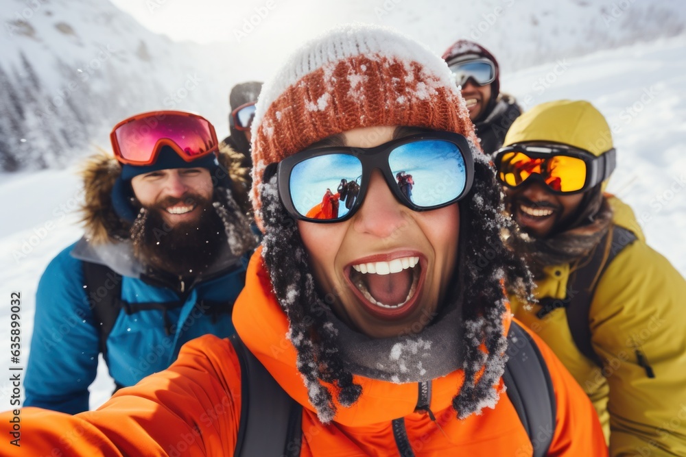 A group of people wearing ski equipment takes a selfie together