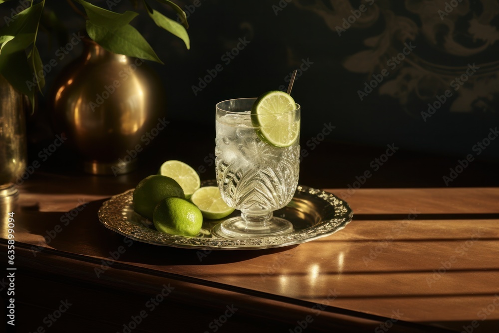 Gin and tonic on a wooden table on the dark side