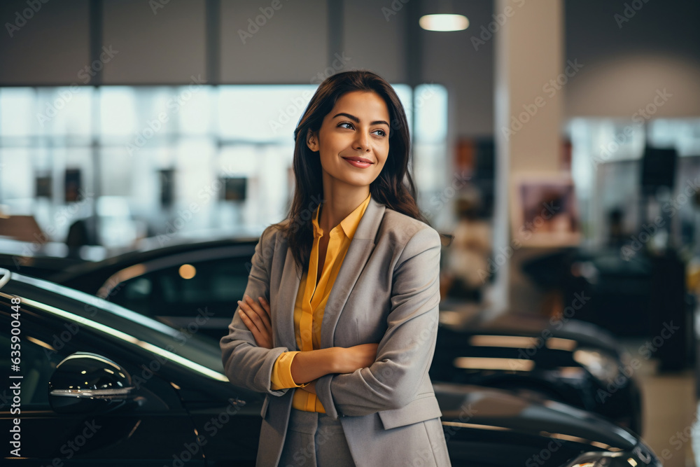 Professional luxury car saleswoman in luxury showroom. Auto dealership office. Car dealer business. 