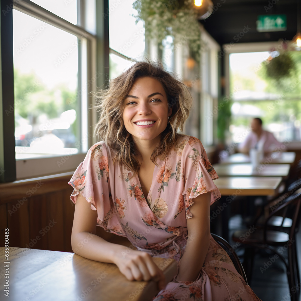 Portrait of caucasian woman smiling in coffee shop cafe. Happy girl. Relaxing woman in cafe bar. Hap