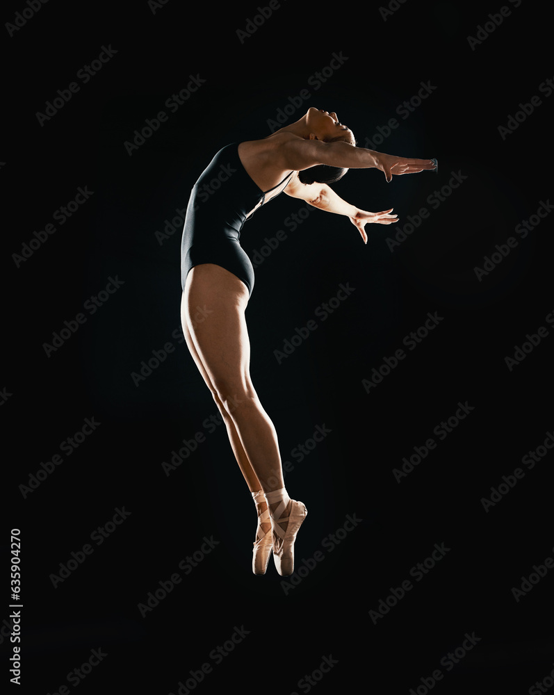 Art, ballet jumping and woman on black background in dance performance with balance, action and tale