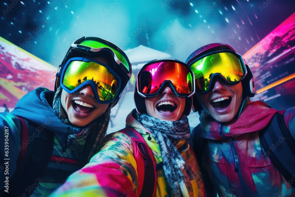 a group of people wearing ski equipment takes a selfie together