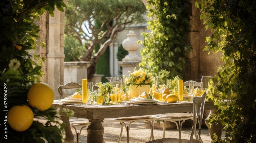 Table settings with lemons and greenery in the outdoor dining area