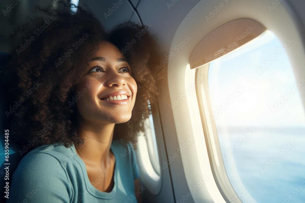 Woman smile near the window of airplane