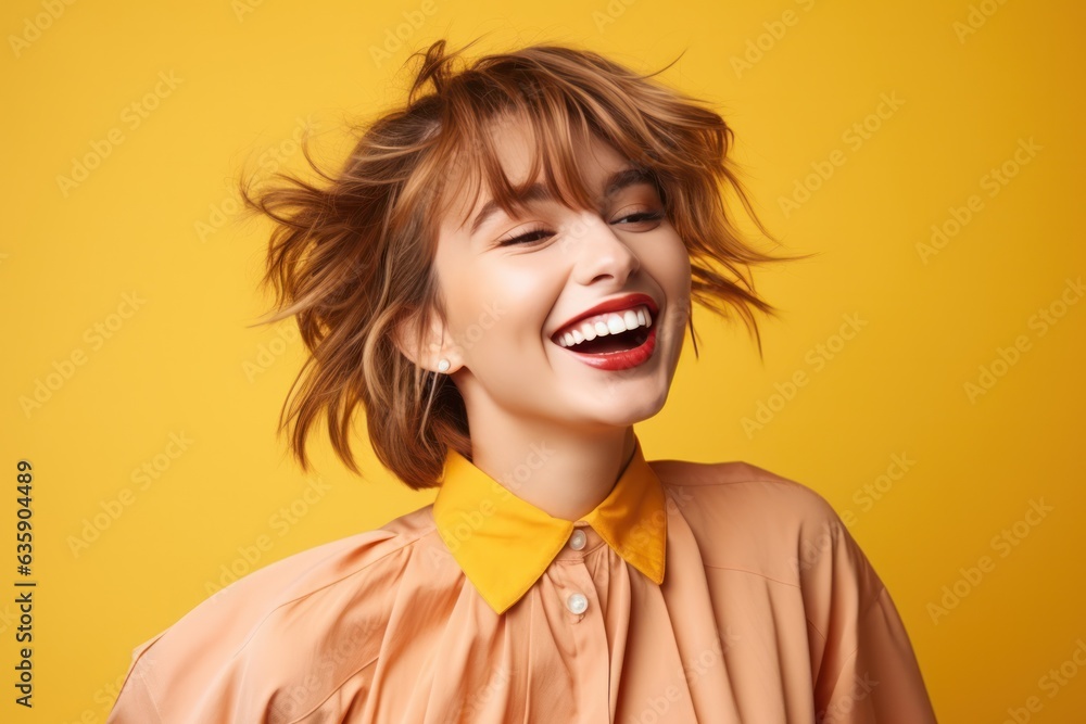 Beautiful model girl on orange background