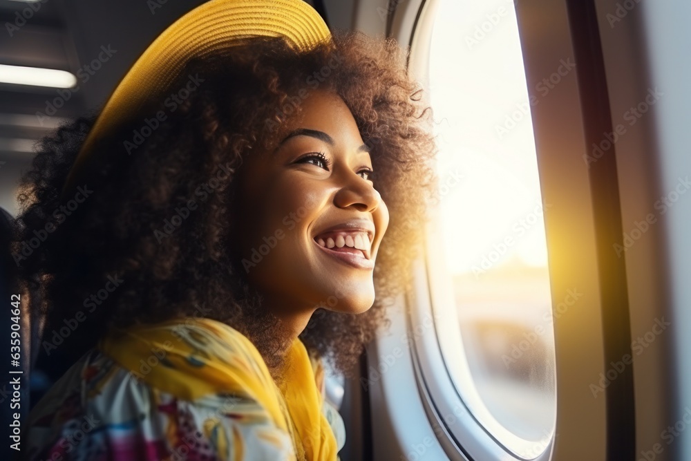 Woman smile near the window of airplane