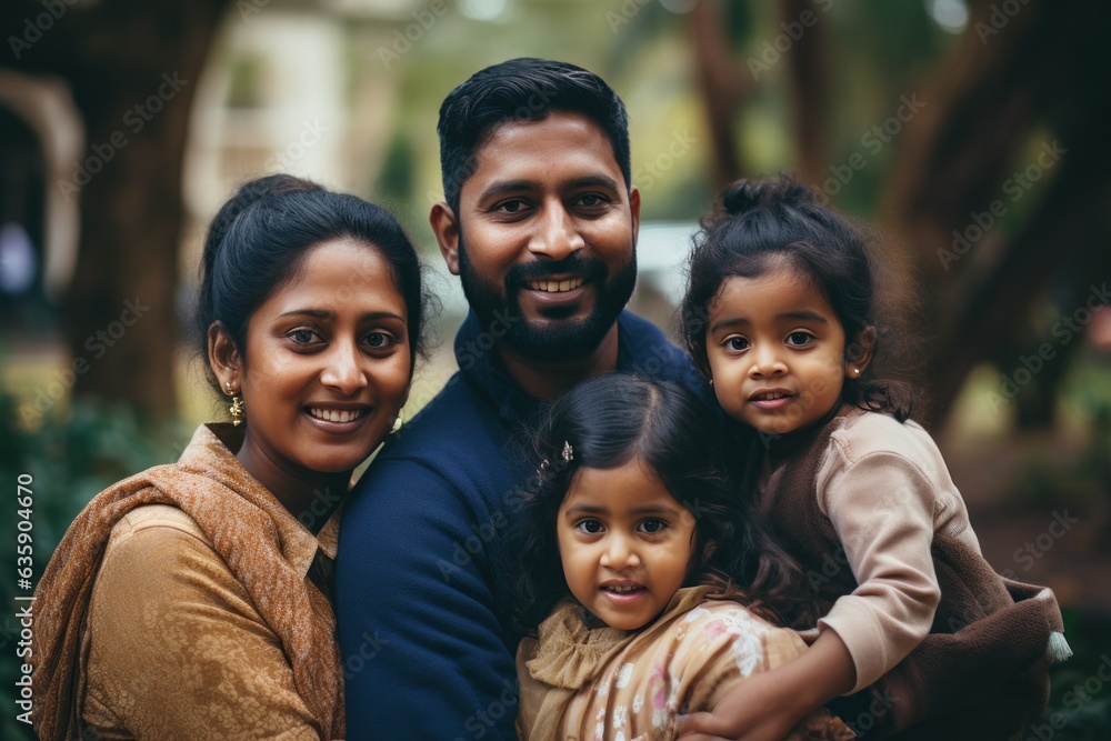 Indian a family holding children in their arms in a park