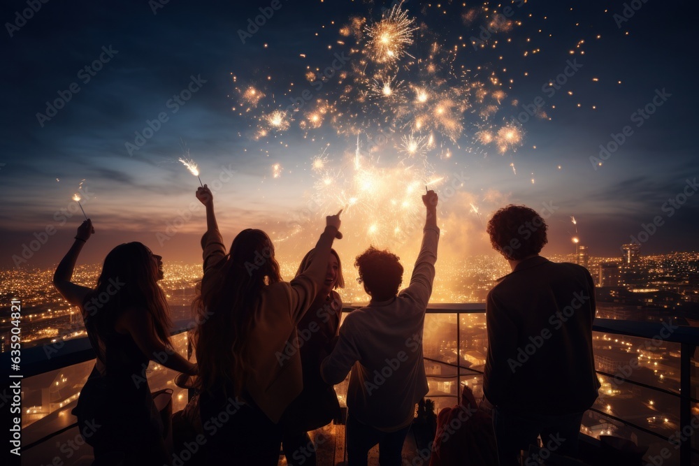 Young friends celebrating at the party on a roof top