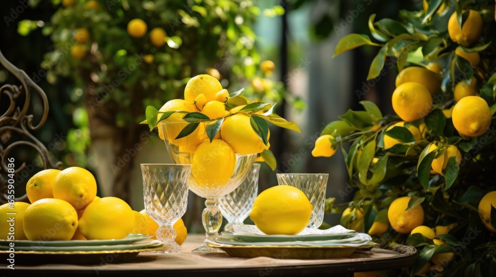 Table settings with lemons and greenery in the outdoor dining area