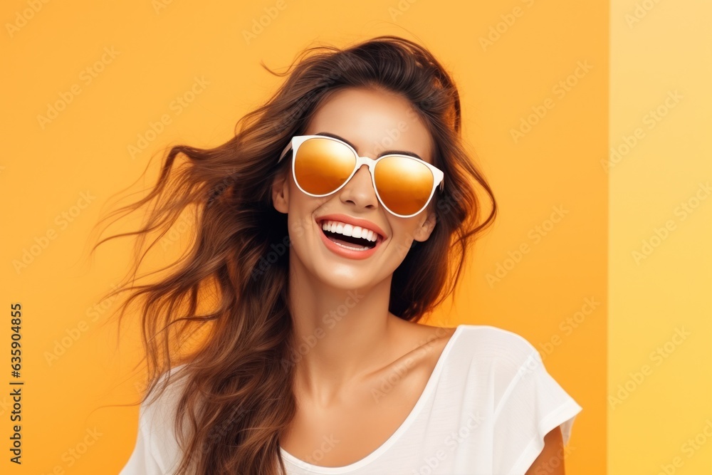 Beautiful model girl on orange background