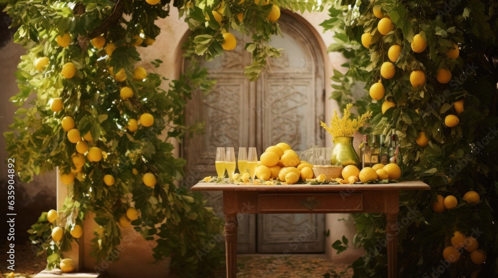 Table settings with lemons and greenery in the outdoor dining area