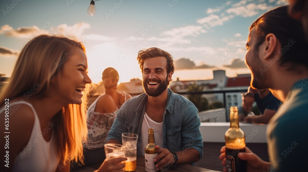 Young friends celebrating at the party on a roof top