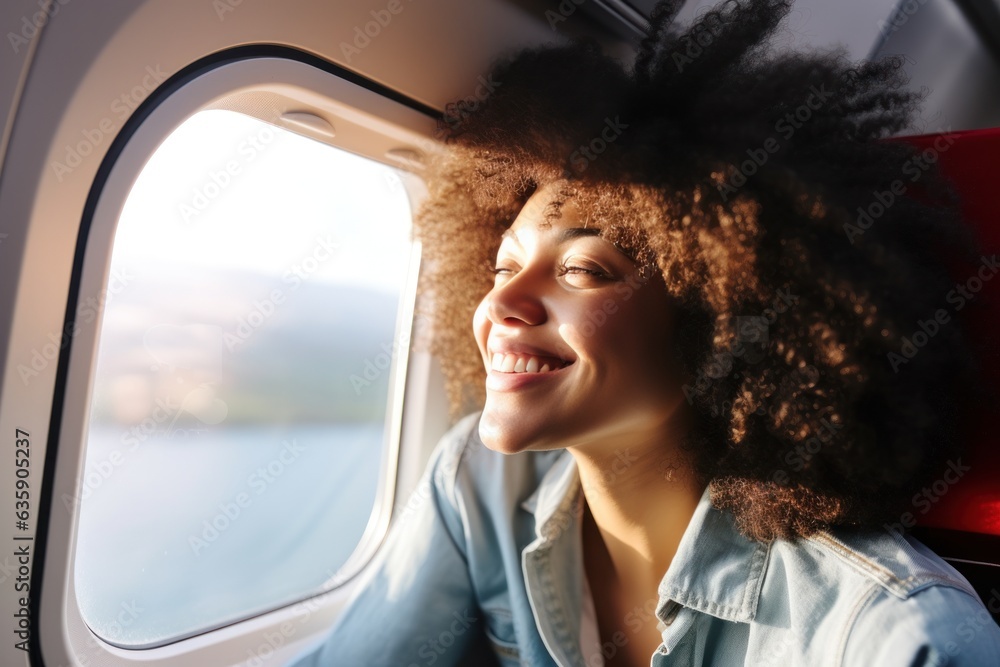 Woman smile near the window of airplane