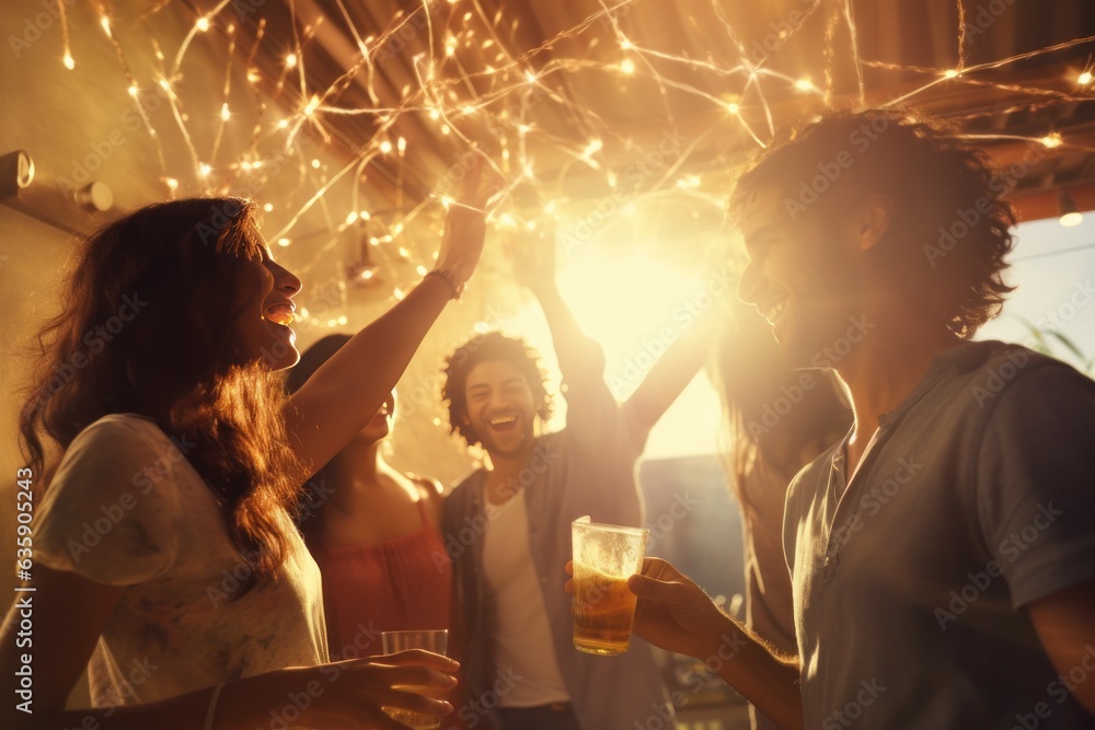 Young friends celebrating at the party on a roof top