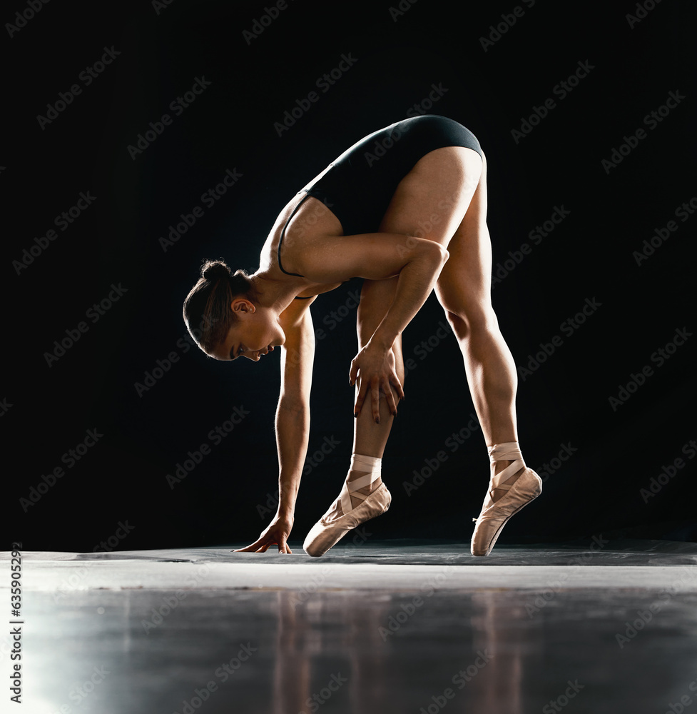 Ballet, woman or dancer with training, talent or performance on a dark studio background. Female per