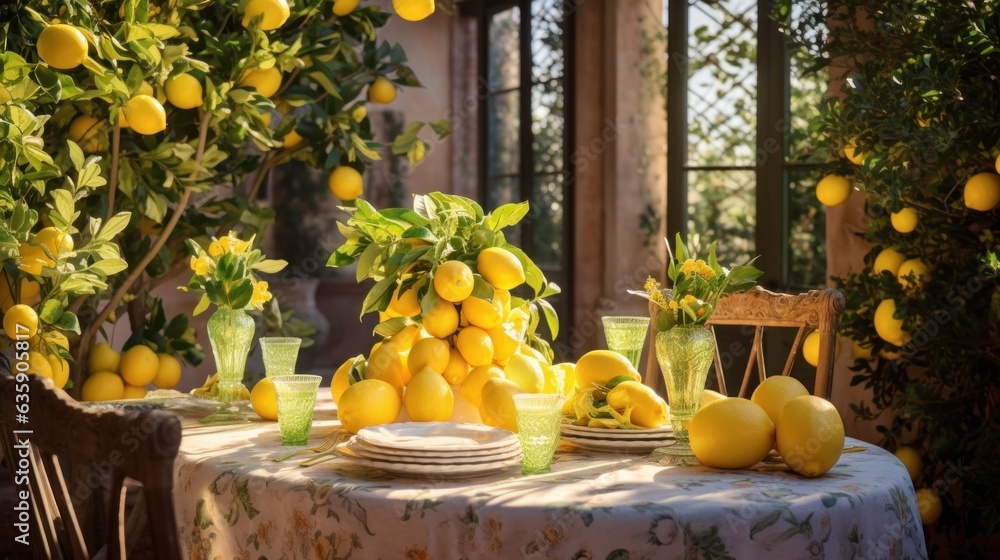 Table settings with lemons and greenery in the outdoor dining area