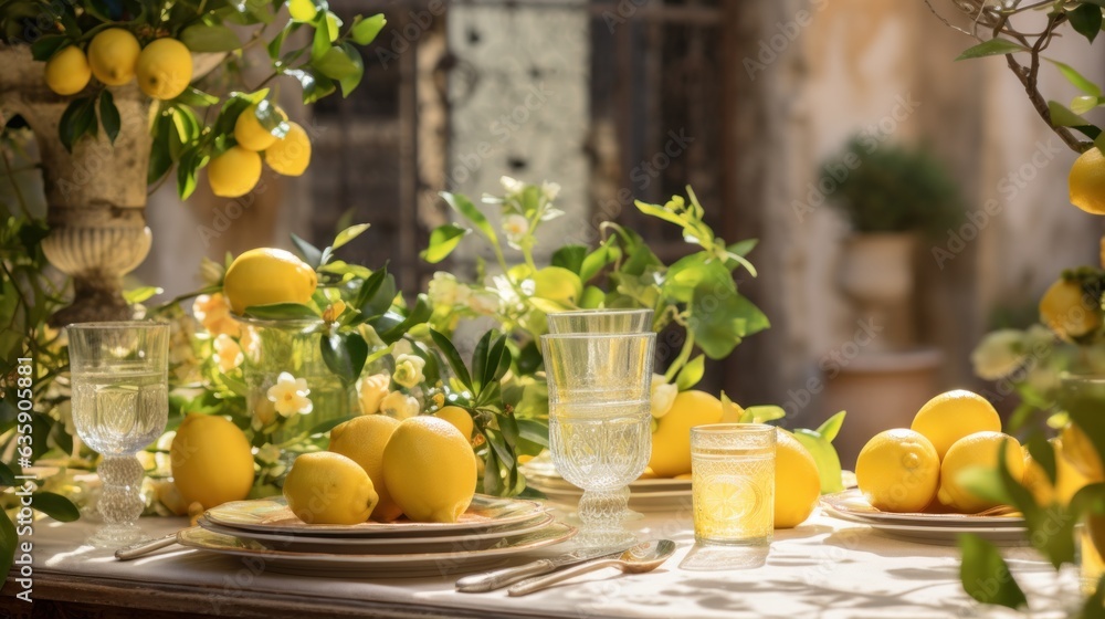 Table settings with lemons and greenery in the outdoor dining area