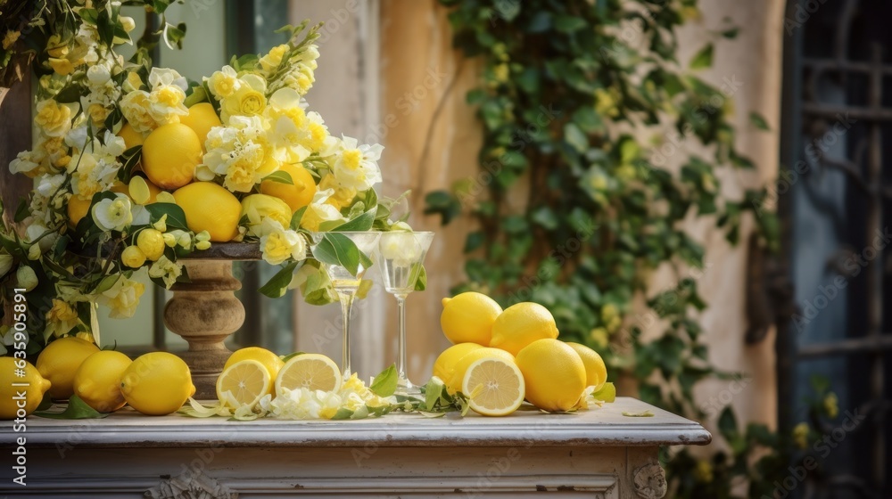 Table settings with lemons and greenery in the outdoor dining area