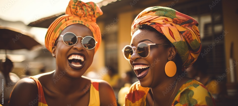 Beautiful african women laughing and having fun in the street