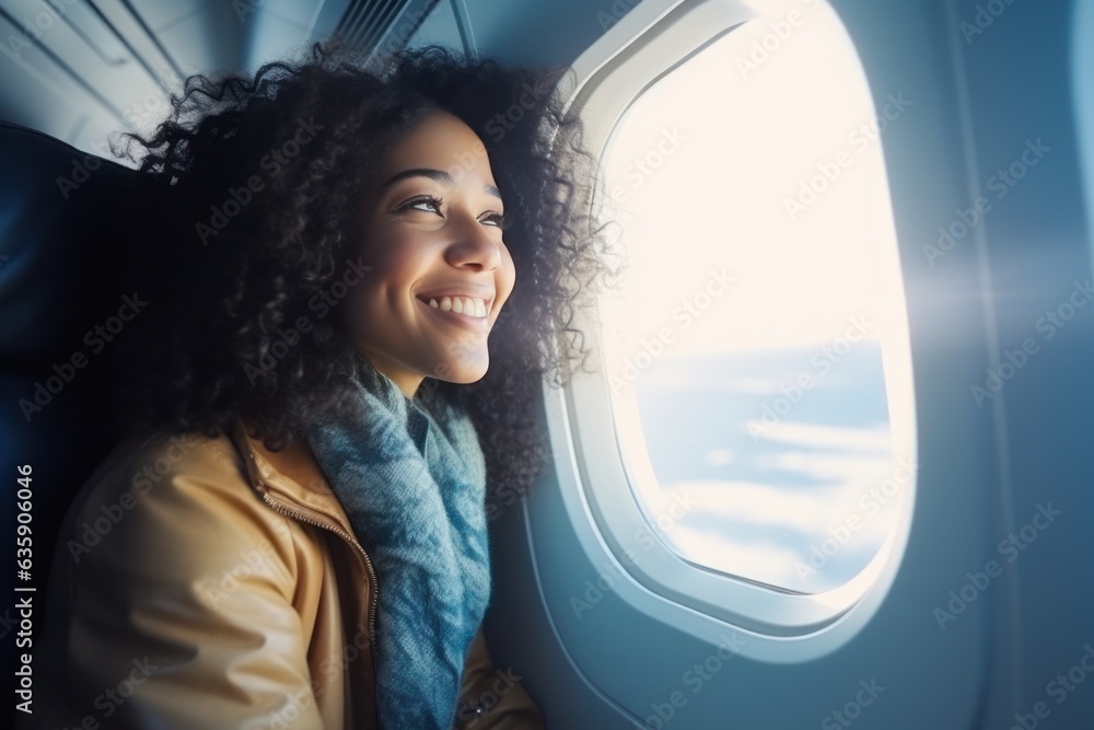 Woman smile near the window of airplane