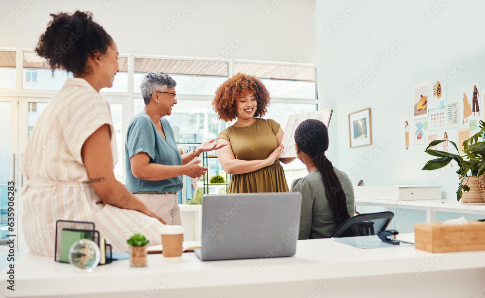 Small business, fashion designer and women team in office for collaboration and brainstorming. Group