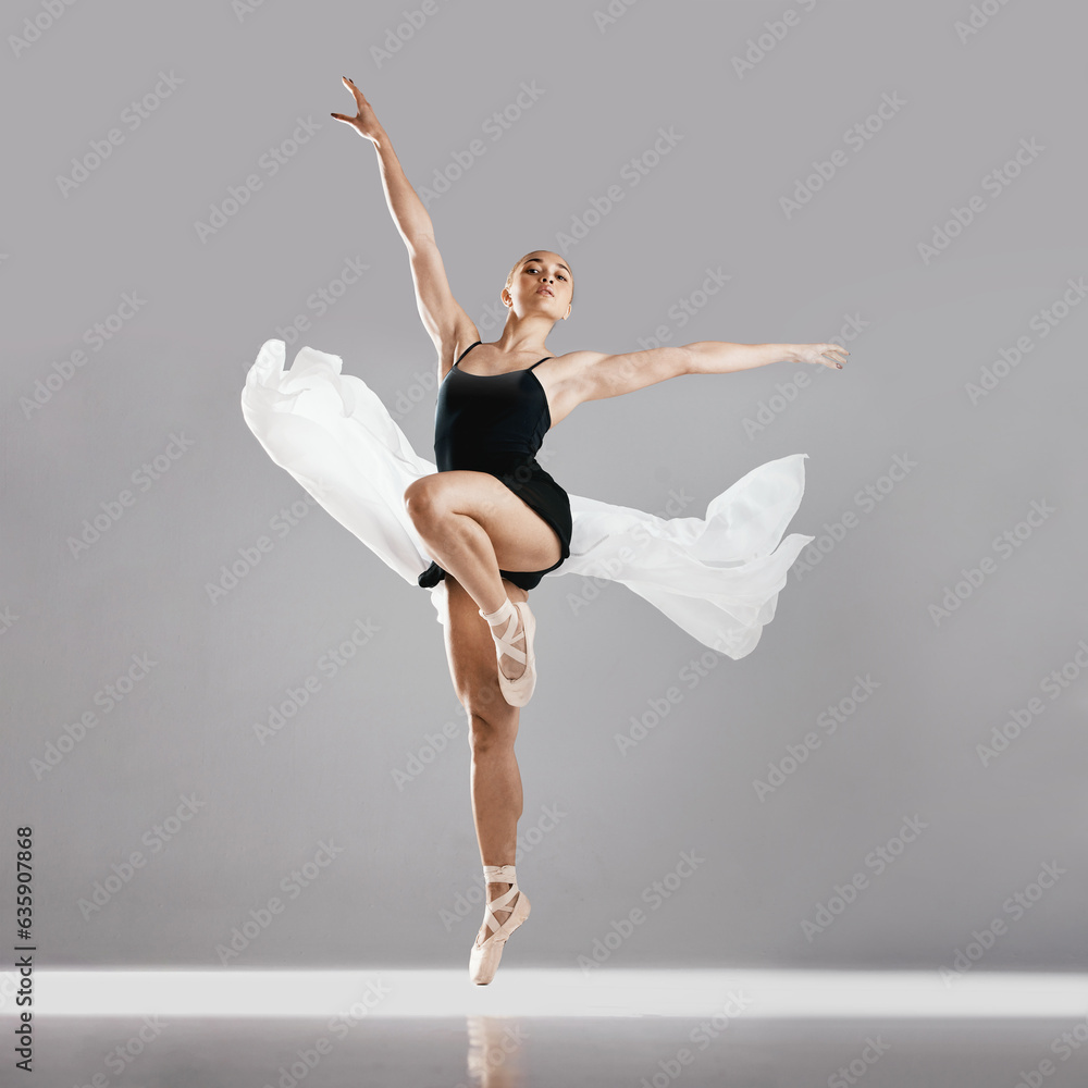 Ballet, woman or dancer with portrait, performance or exercise on white studio background. Female pe