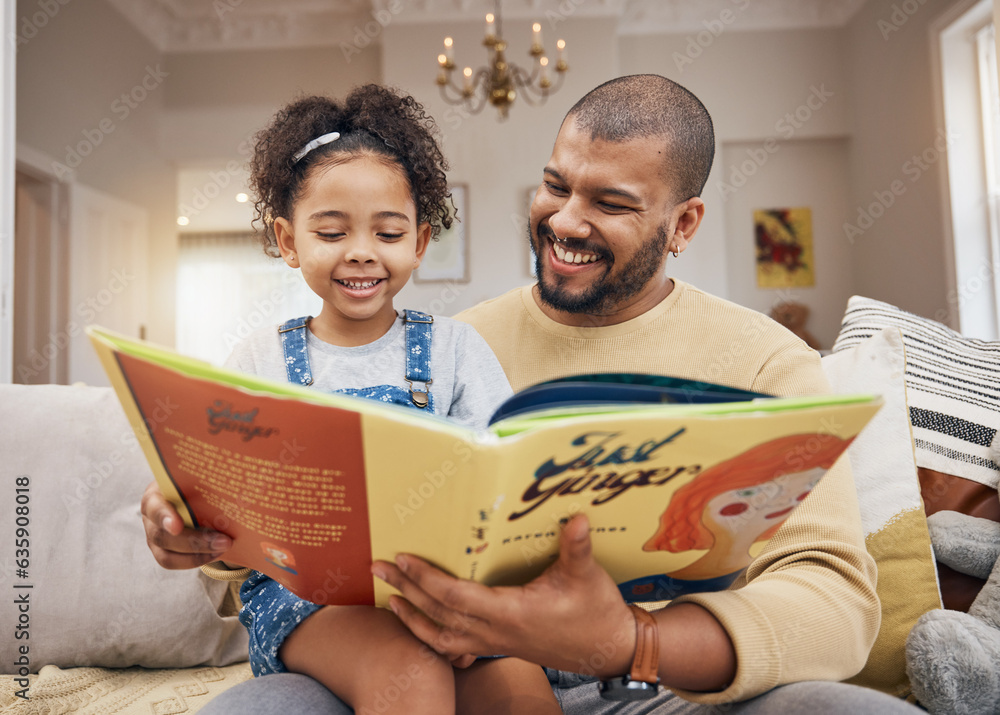 Father, daughter and book on sofa with smile, bonding and love in storytelling in living room togeth