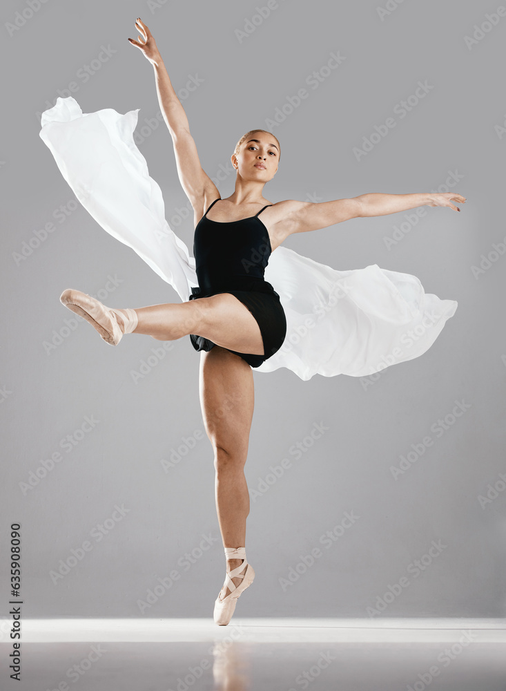 Ballet, woman and dancer with portrait, training and practice routine on white studio background. Fe