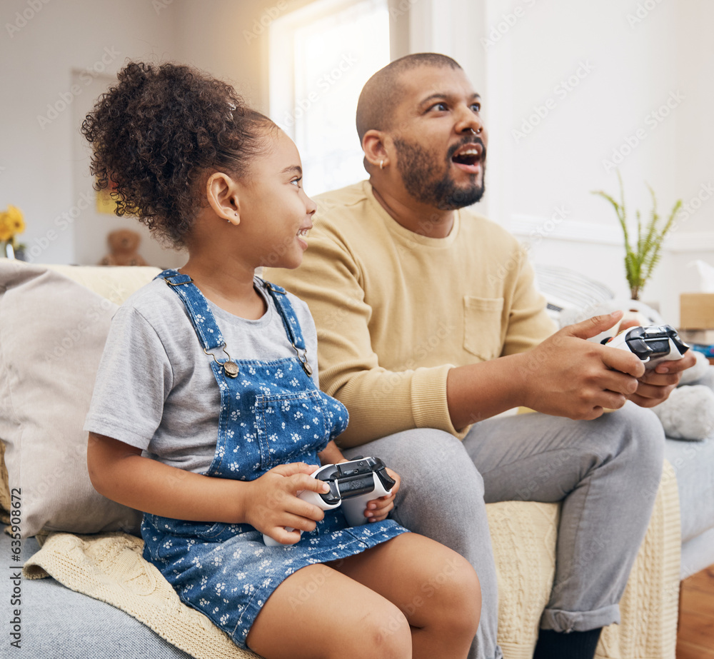 Father, daughter and gaming controller on sofa with challenge, press and competition for bonding in 