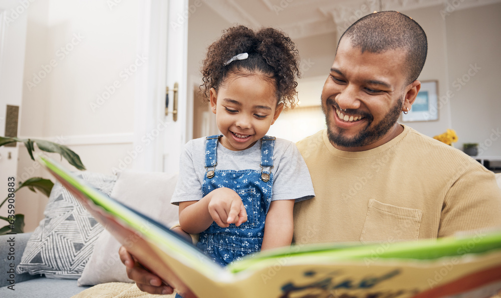 Dad, daughter and book on sofa together, bonding and love in storytelling in living room with smile.