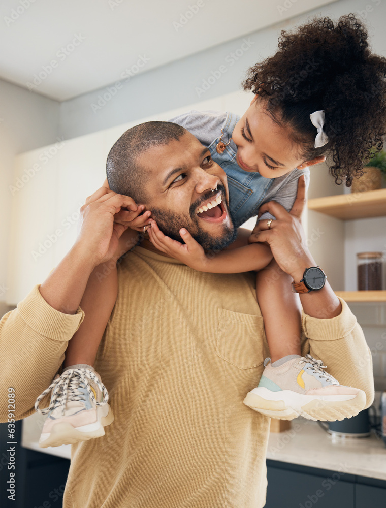 Fun, father and smile with girl on neck play, laugh and hugging in kitchen and home for quality time