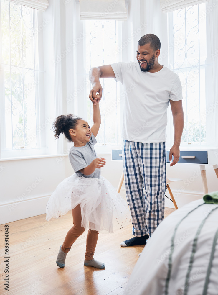 Dad, girl and ballet dancing in house, holding hands or help for training, comic smile or tutu in ga