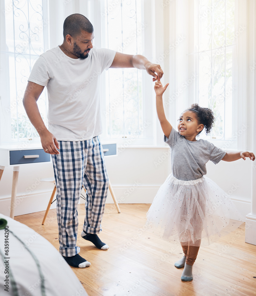 Father, girl and ballet dance in home, holding hands or help for training, learning or tutu in game.