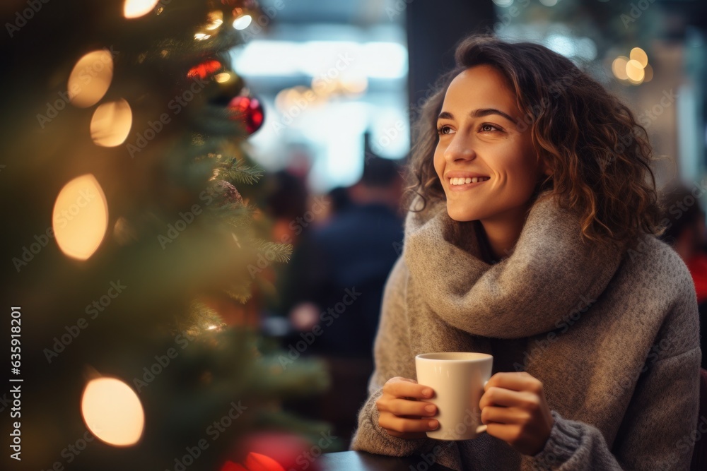 beautiful young woman drinking hot coffee in a chilly winter environment with decorations.