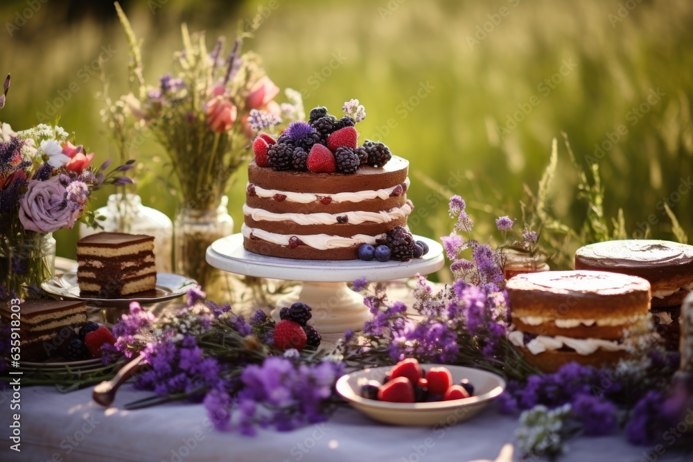 a cake table in an outdoors setting