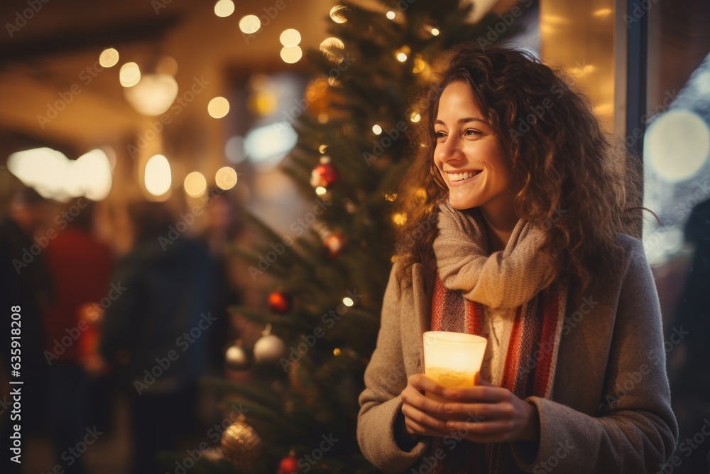 beautiful young woman drinking hot coffee in a chilly winter environment with decorations.