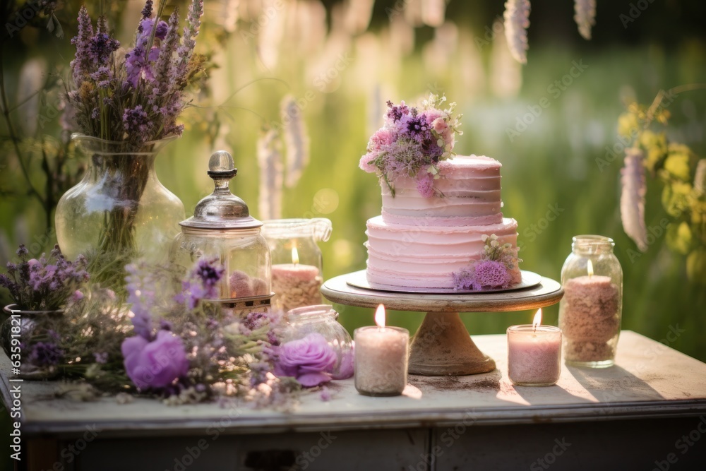 a cake table in an outdoors setting