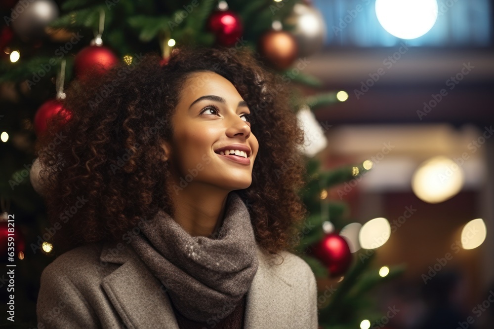 beautiful young woman drinking hot coffee in a chilly winter environment with decorations.