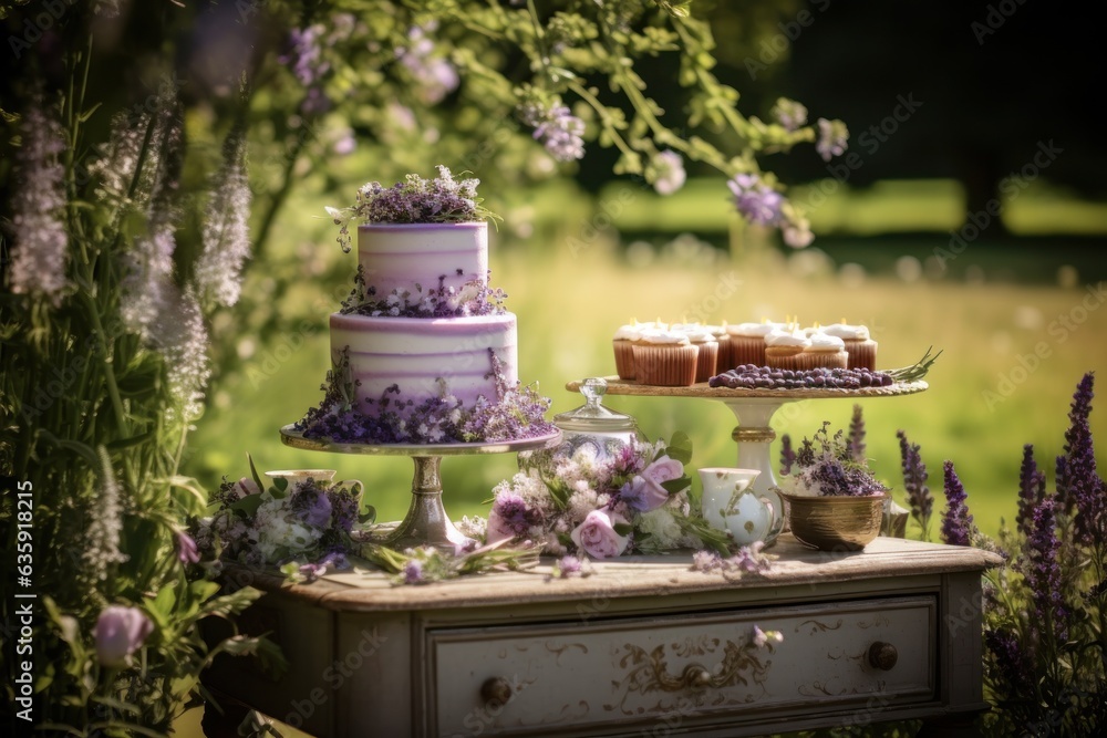 a cake table in an outdoors setting