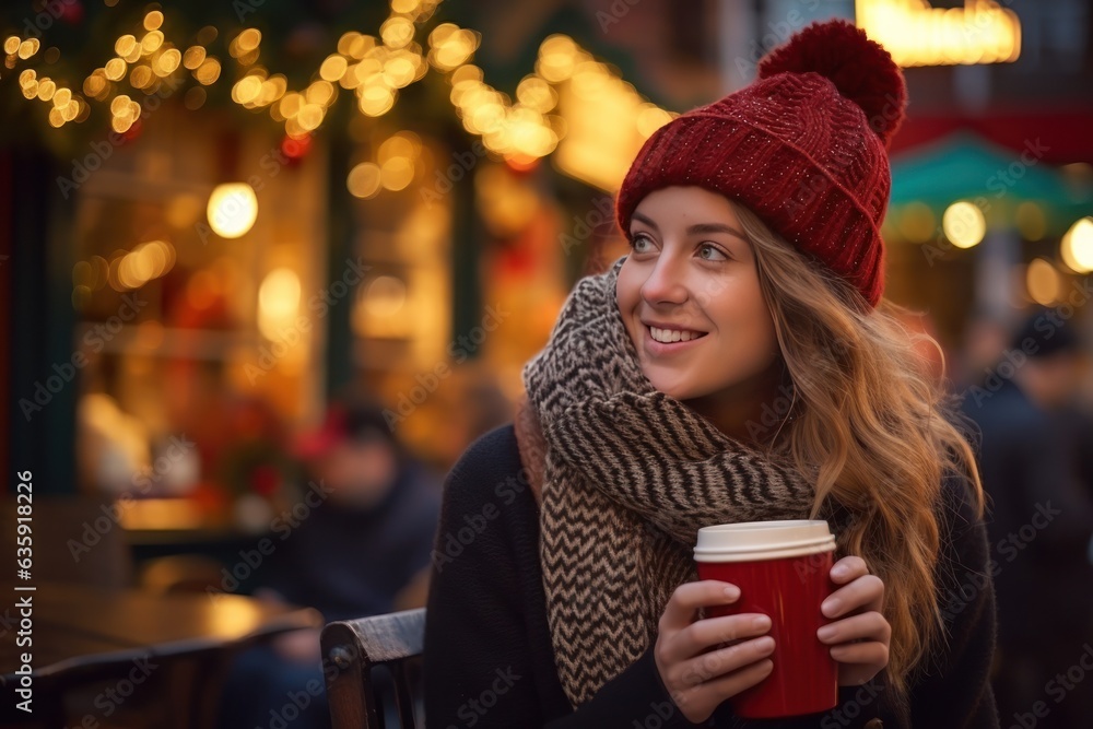 beautiful young woman drinking hot coffee in a chilly winter environment with decorations.