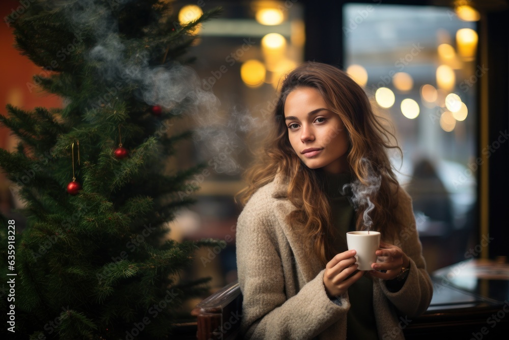 beautiful young woman drinking hot coffee in a chilly winter environment with decorations.